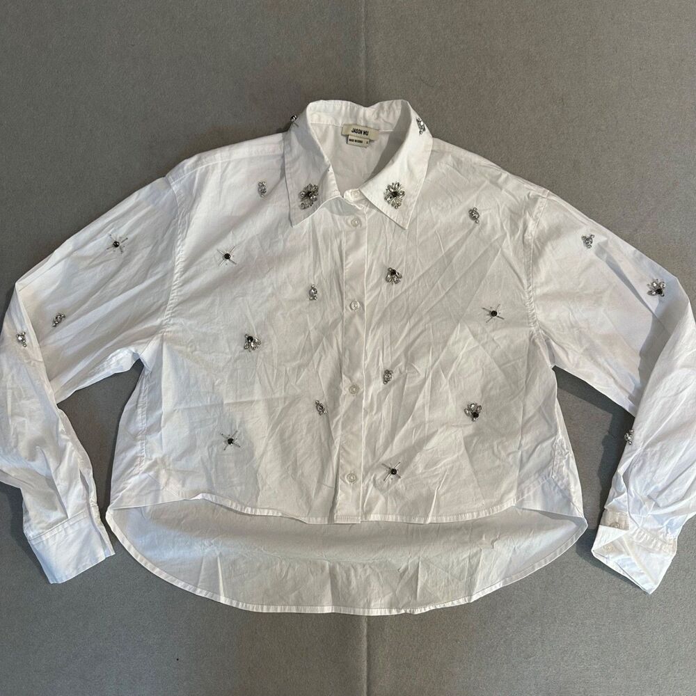 Jason Wu Crop White Shirt Button Down Hi-Lo Embellished Rhinestones Cotton Small